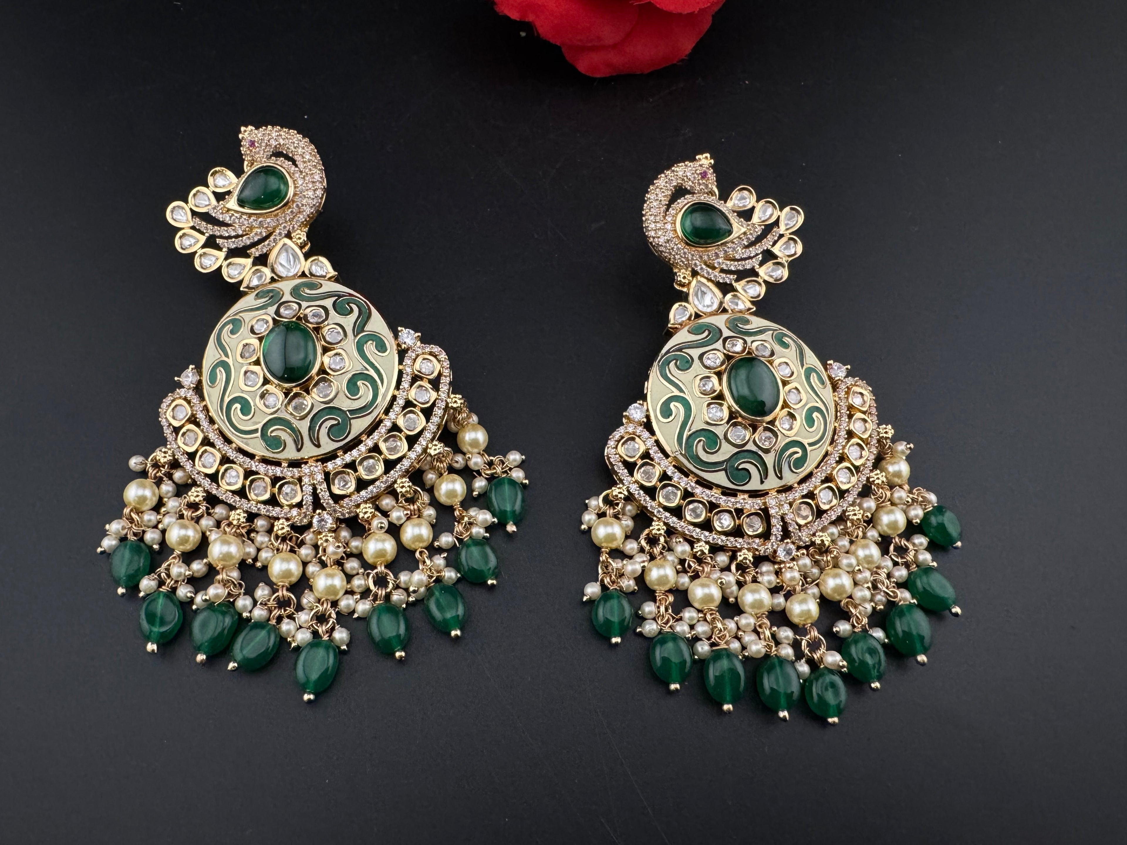 Enamel and Gold Kundan Chandelier Long Earrings, High shine Bridal Moissanite CZ, Designer Earrings
