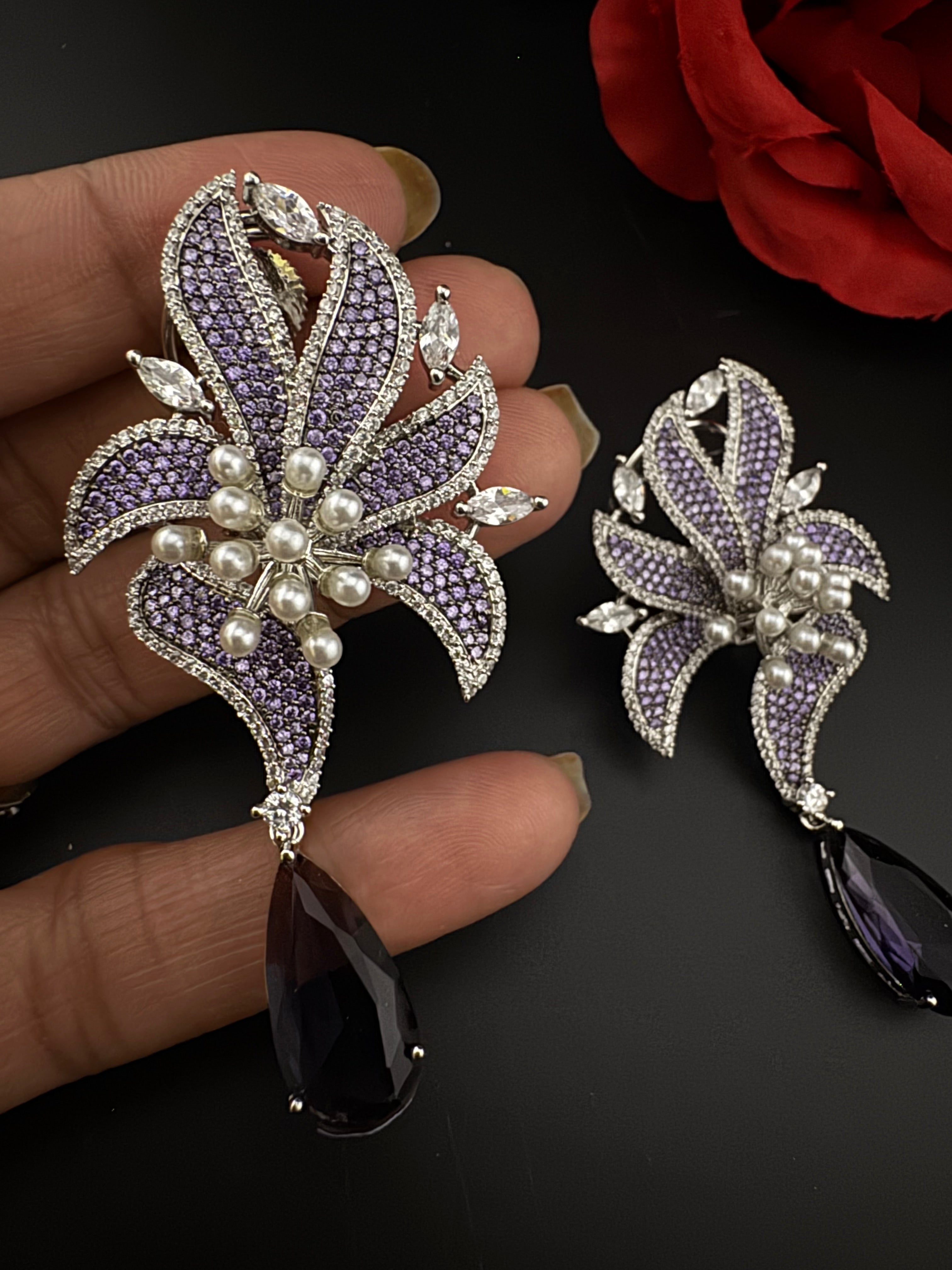 Premium Nano Setting Cubic Zirconia Pearl Oversized Studs earrings in leaf shape, stylish, designer Statement Big earring/Bridal Bridesmaid