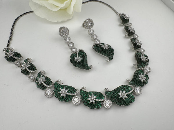 Nano Setting CZ Diamond Statement Green Necklace Set, White Gold Plated Choker, nature inspired