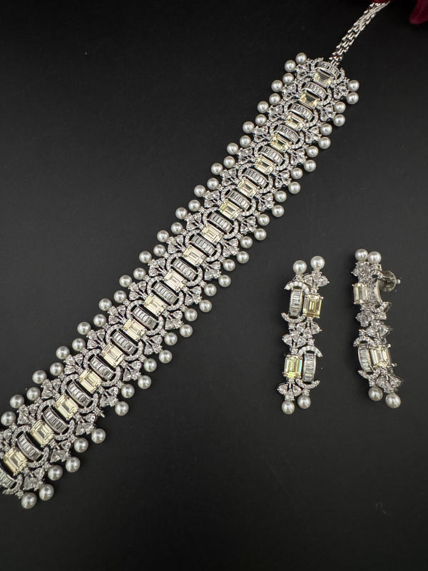 Step cut Crystals and CZ Diamond Statement Necklace Set, White Gold Plated Choker set