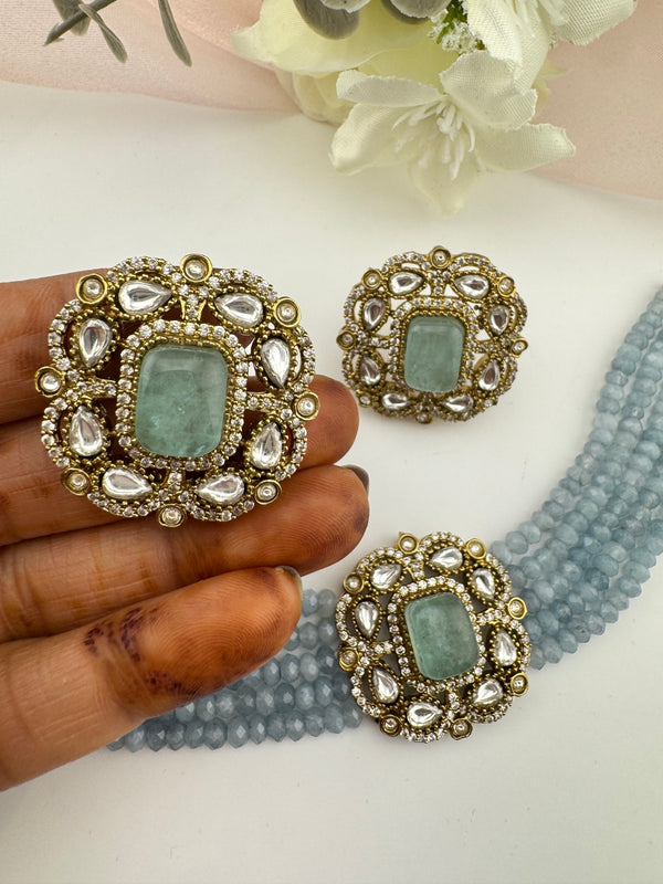 Moissanite Kundan, Hydro beads, CZ, Stones Choker necklace set, Indian Bridal Jewelry, chic set