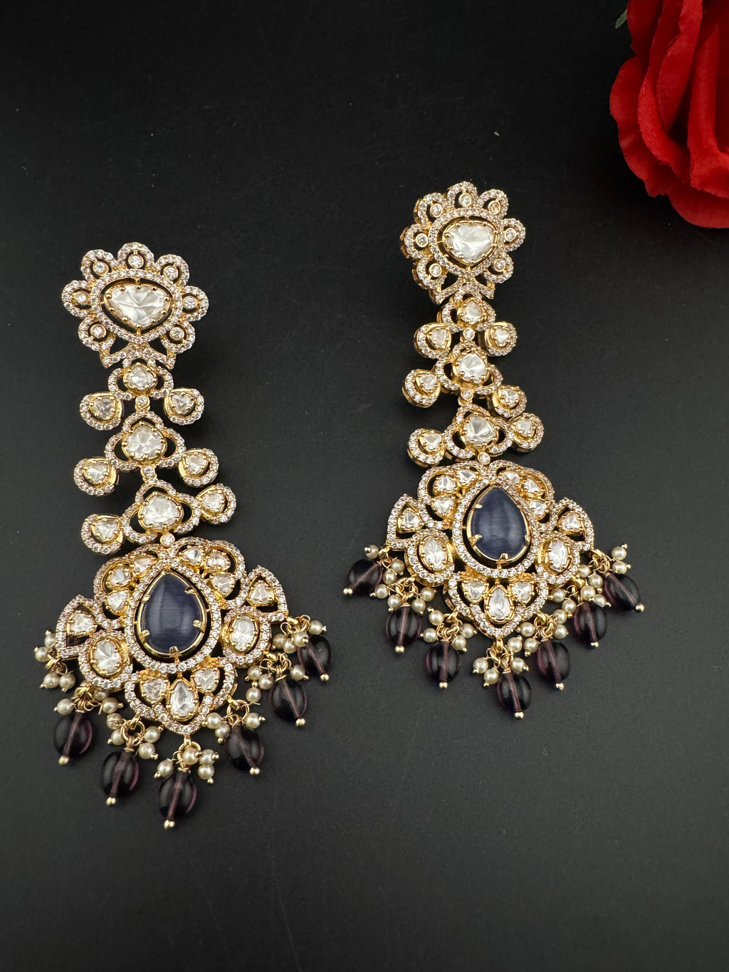 White and Gold Kundan, Pearls Chandelier Long Earrings, Bridal, Moissanite, CZ, Designer jewelry