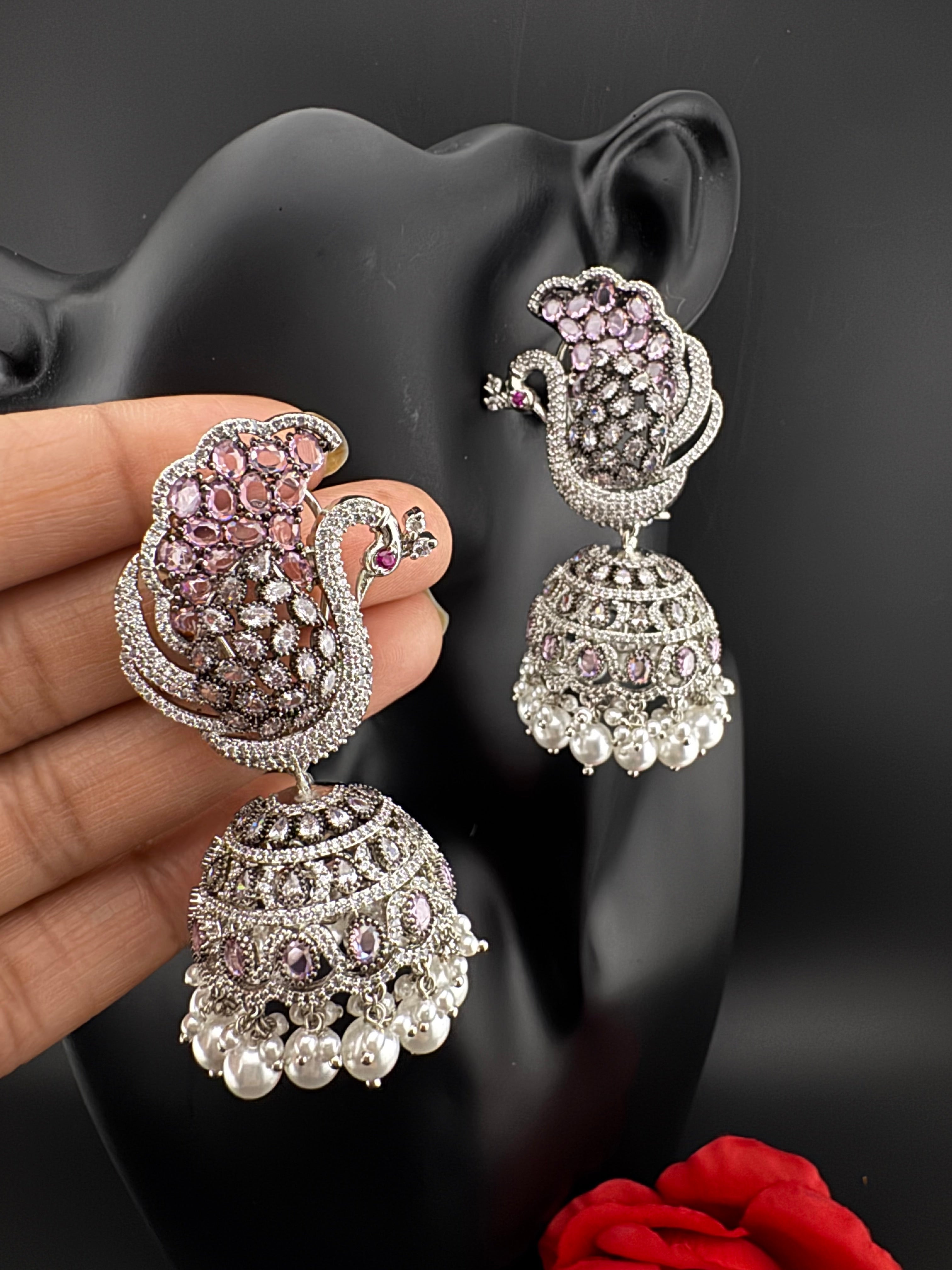 Premium Cubic Zirconia Peacock jhumka earrings is designer Inspired, Statement Long earring, Bridal, Party, Wedding jewelry, chic, Indian