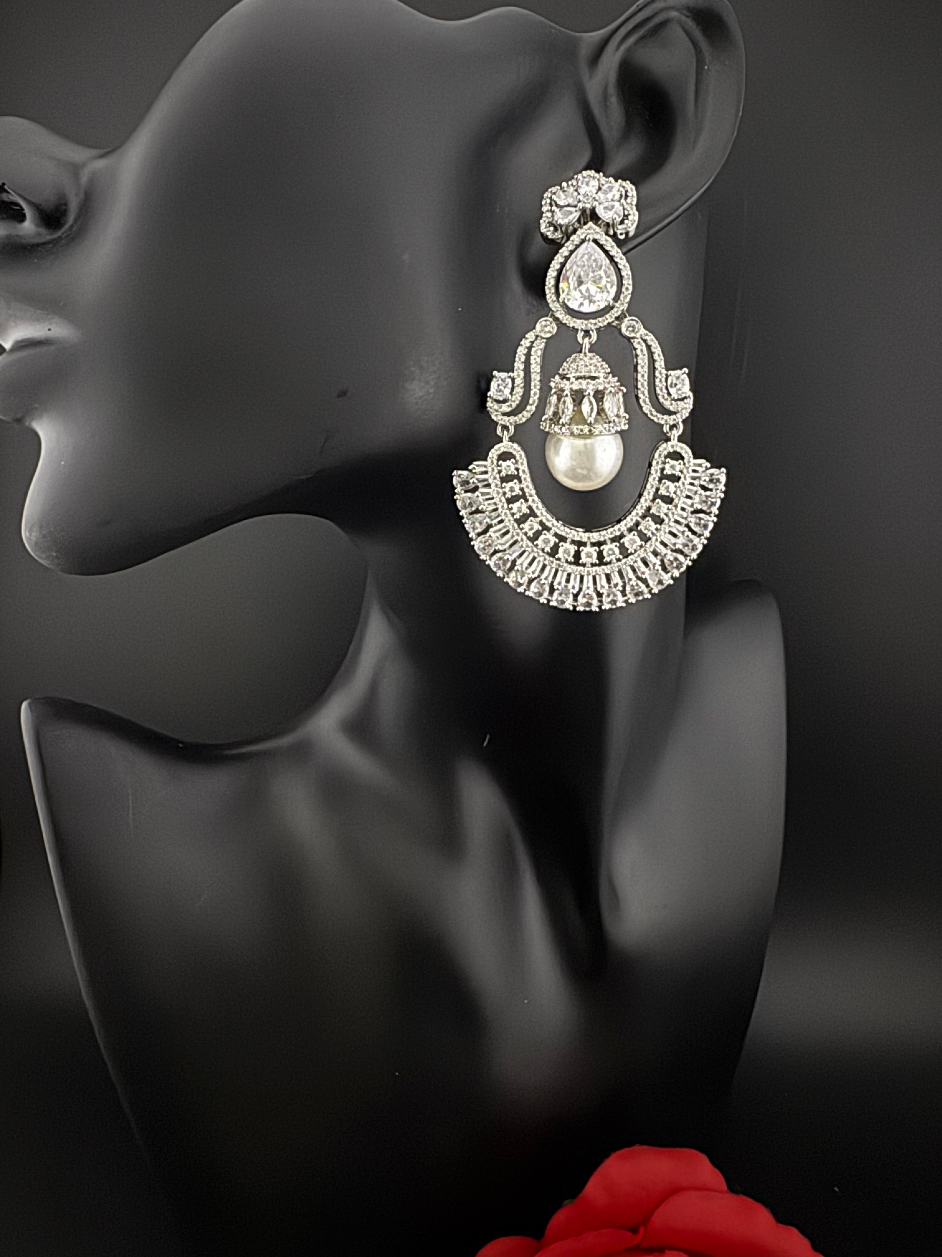 Premium Cubic Zirconia Pearl Chandelier Oversized earrings is designer Inspired, Statement Long earring, Bridal, Party, Wedding jewelry,