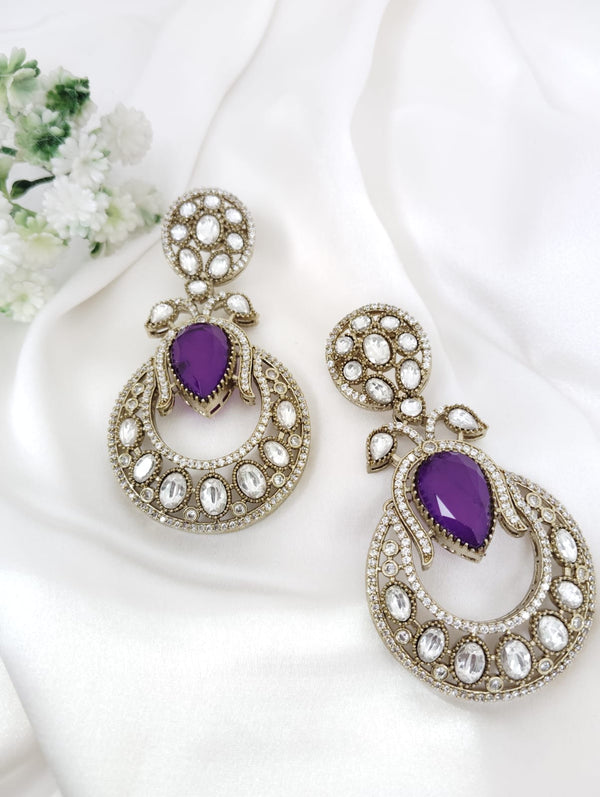 Gold with Doublet stone, kundan, cubic zirconia chandbali Drop Long earrings, Indian Jewelry