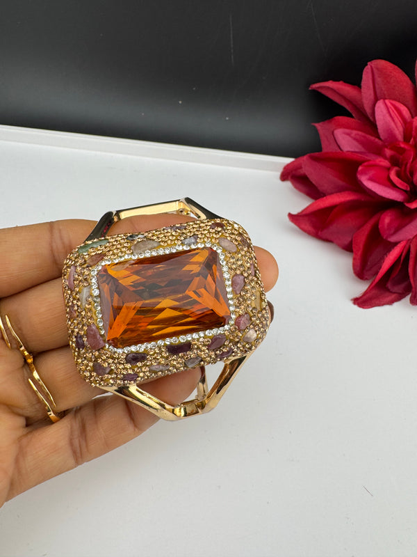 Turkish Jewelry, Crystal, CZ, Stones Oversized Cuff Bracelet Bangle, Gold Polish (Fits 2.6" Diameter)