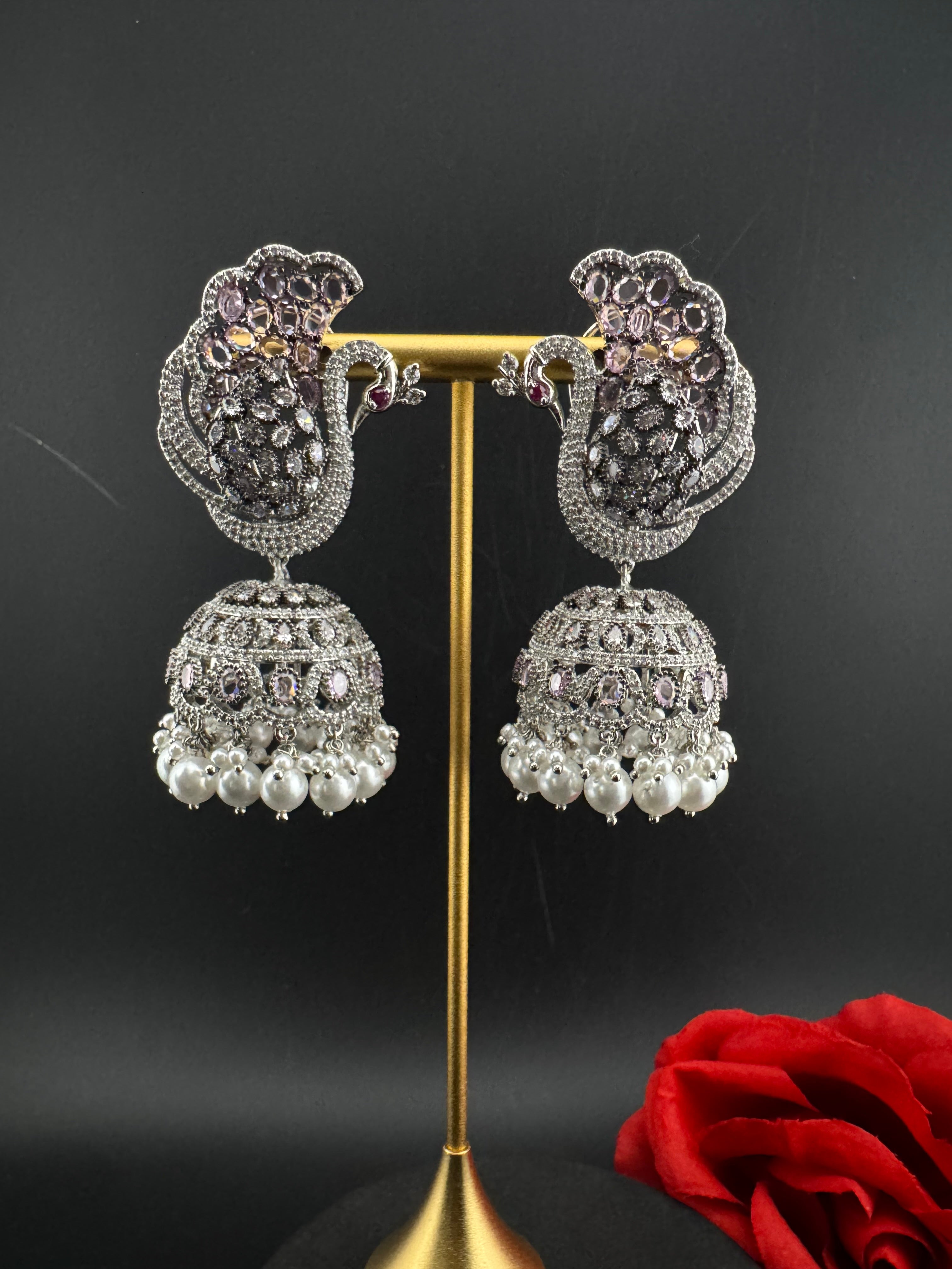 Premium Cubic Zirconia Peacock jhumka earrings is designer Inspired, Statement Long earring, Bridal, Party, Wedding jewelry, chic, Indian