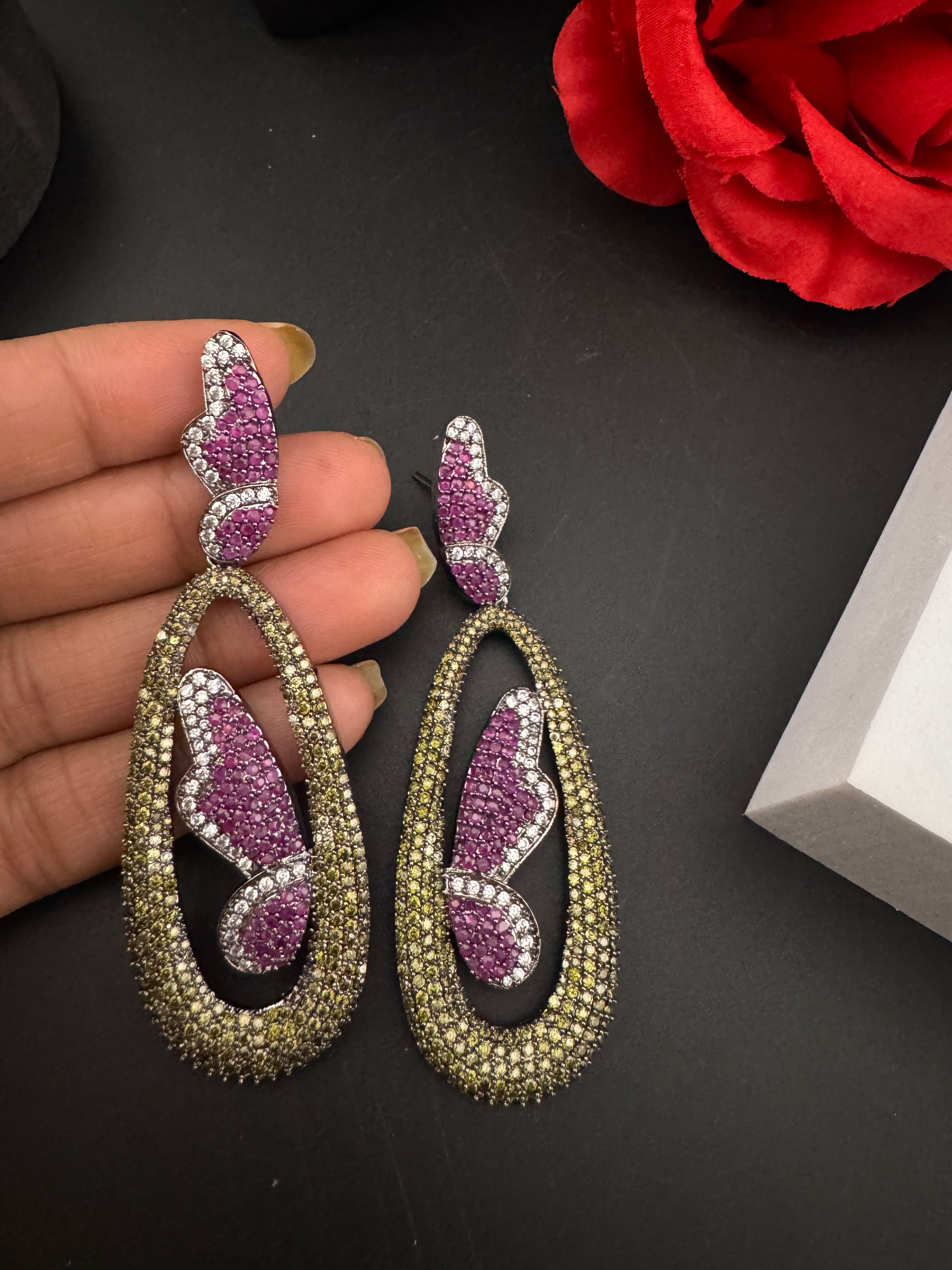 Premium Nano Setting Cubic Zirconia Victorian Long earrings in Butterfly Drop shape, designer Inspired Statement long drop dangle earrings