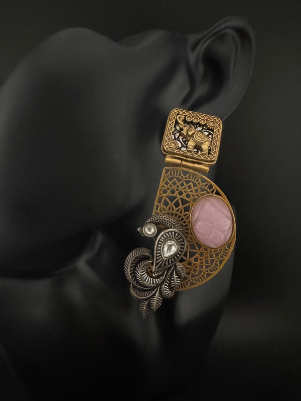 Antique Gold, Oxidized, Carved Stones Chandbali Dangle Earrings, Amrapali inspired Designer jewelry