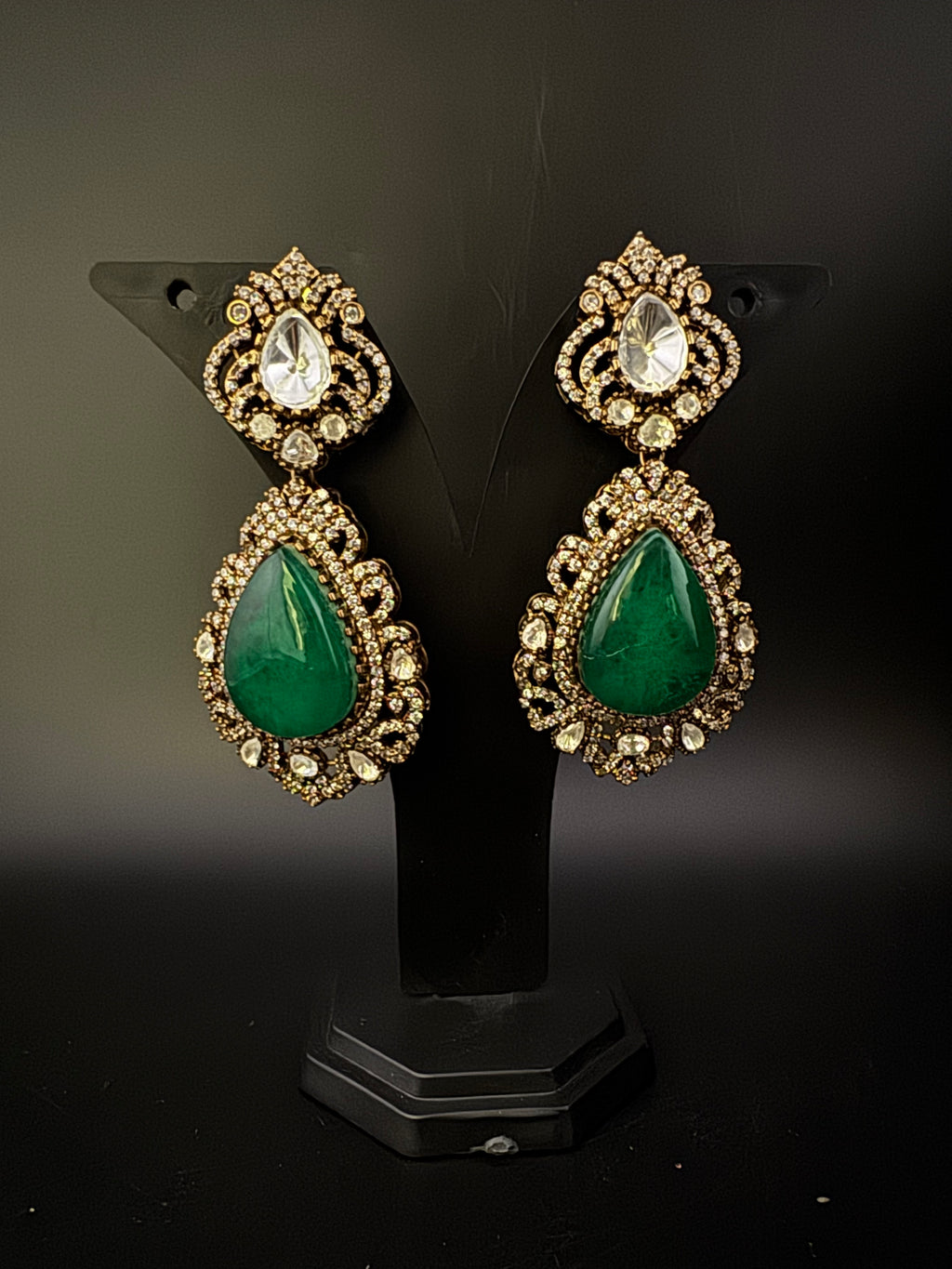 Green and Gold Kundan, Doublet Stone Chandelier Long Earrings, Bridal, Moissanite, CZ, Designer jewelry