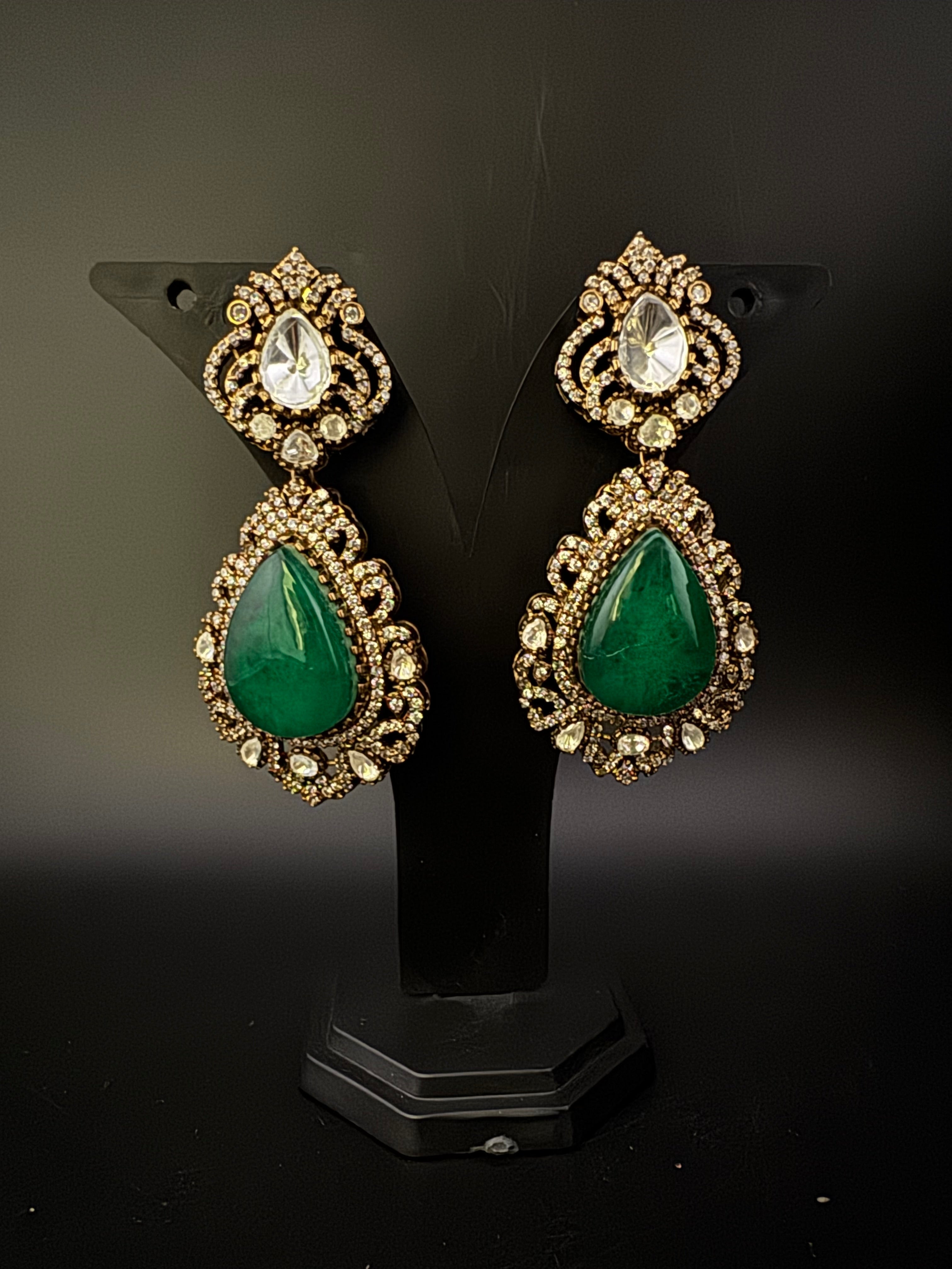 Green and Gold Kundan, Doublet Stone Chandelier Long Earrings, Bridal, Moissanite, CZ, Designer jewelry