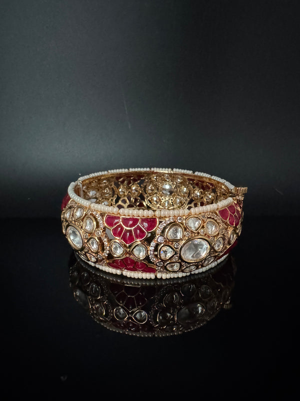 Pchhi Kundan, Moissanite Kundan, CZ Openable Broad Bracelet Bangle, Gold Polish (Fits 2.6" wrists)