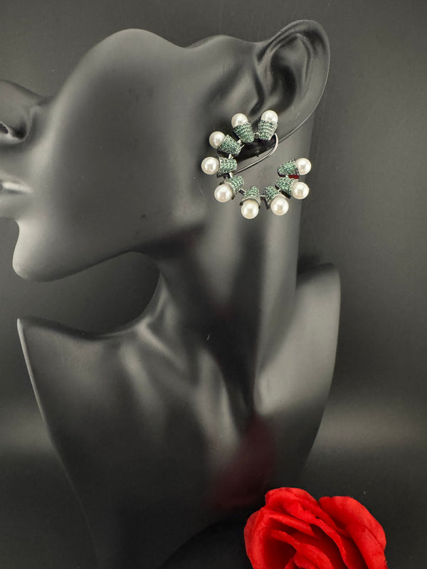 Premium Nano Setting Cubic Zirconia pearl Oversized Studs earrings in silver color is designer Inspired Statement earring/Bridal, Indian