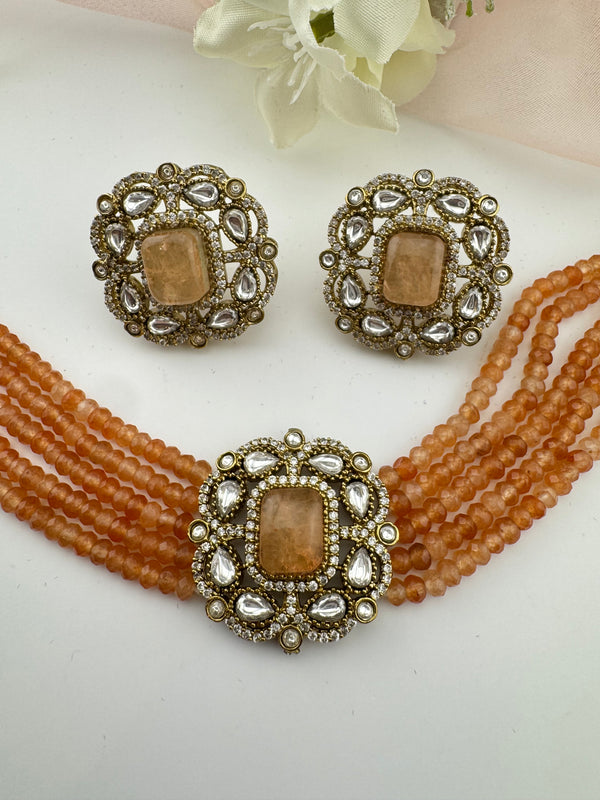 Moissanite Kundan, Hydro beads, CZ, Stones Choker necklace set, Indian Bridal Jewelry, chic set