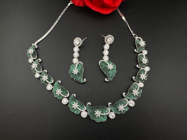 Nano Setting CZ Diamond Statement Green Necklace Set, White Gold Plated Choker, nature inspired