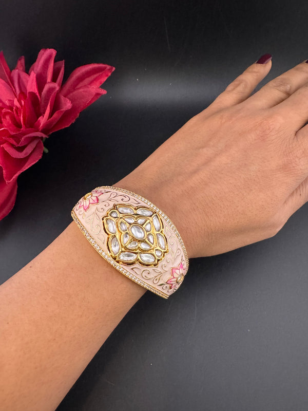Moissanite Kundan, Enamel, CZ Openable Bracelet Bangle, Gold Polish (Fits 2.6" wrists)