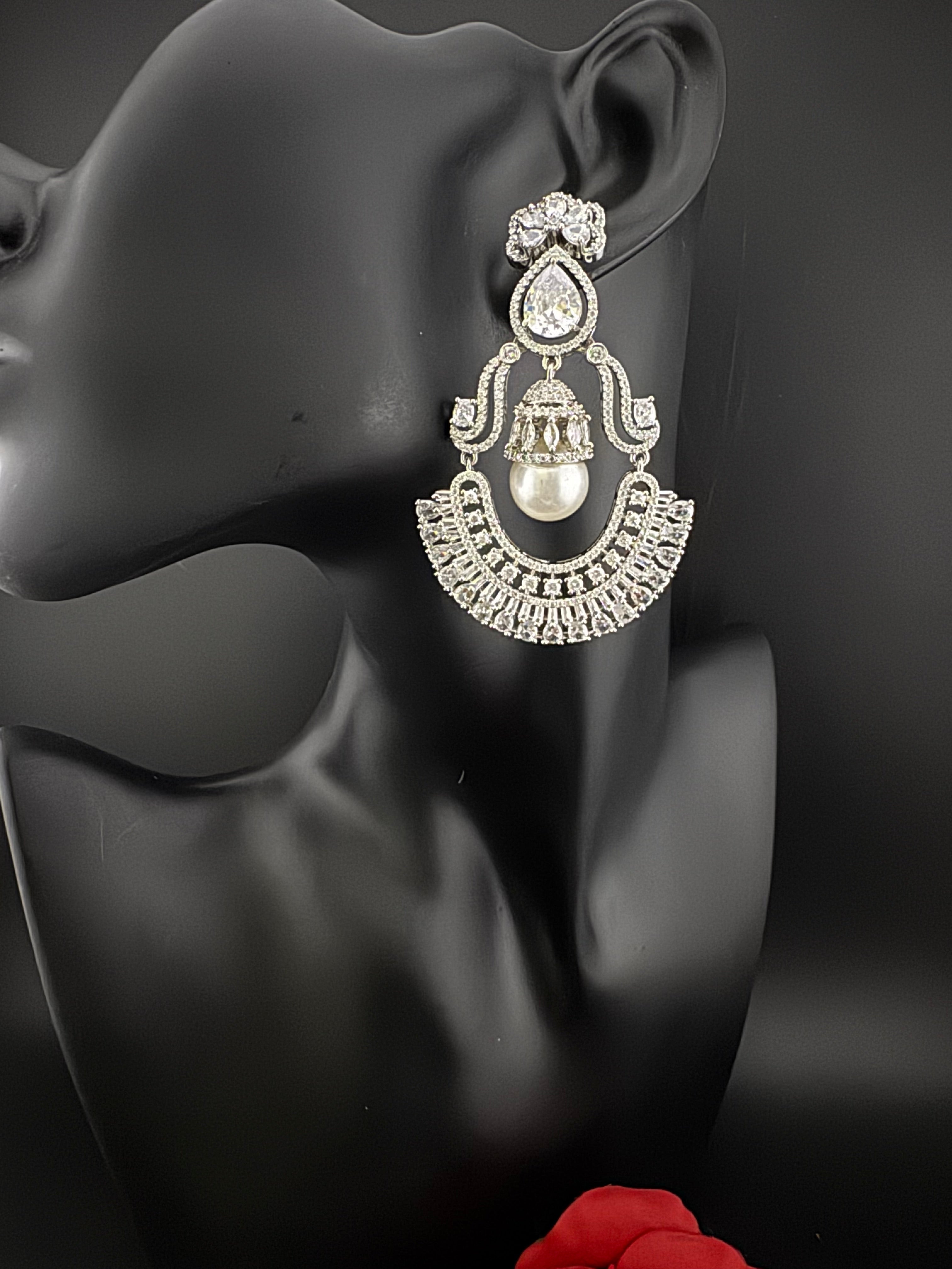 Premium Cubic Zirconia Pearl Chandelier Oversized earrings is designer Inspired, Statement Long earring, Bridal, Party, Wedding jewelry,