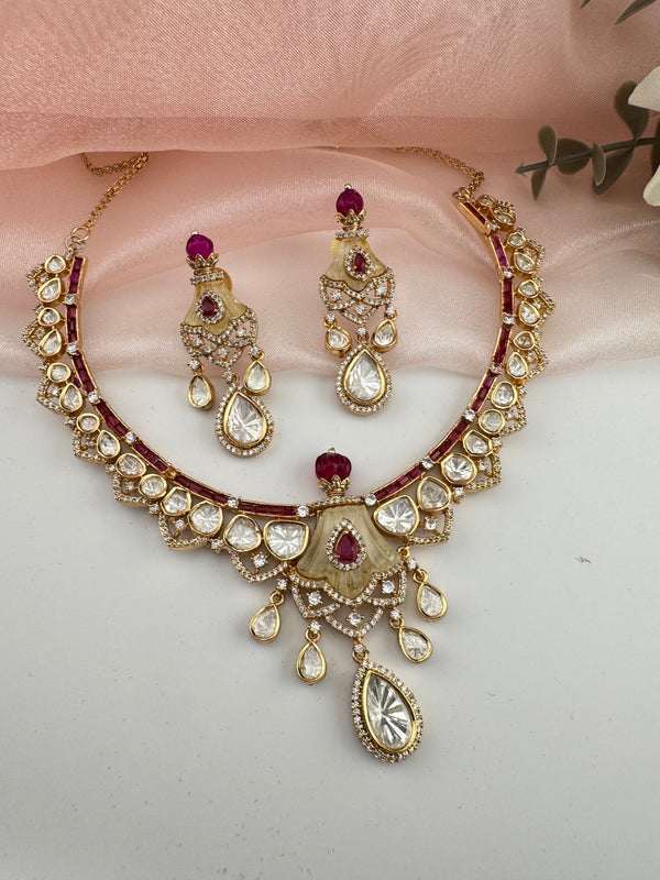 Kundan, Moissanite, MOP, CZ Flexible Gold necklace set, Indian Bridal Jewelry