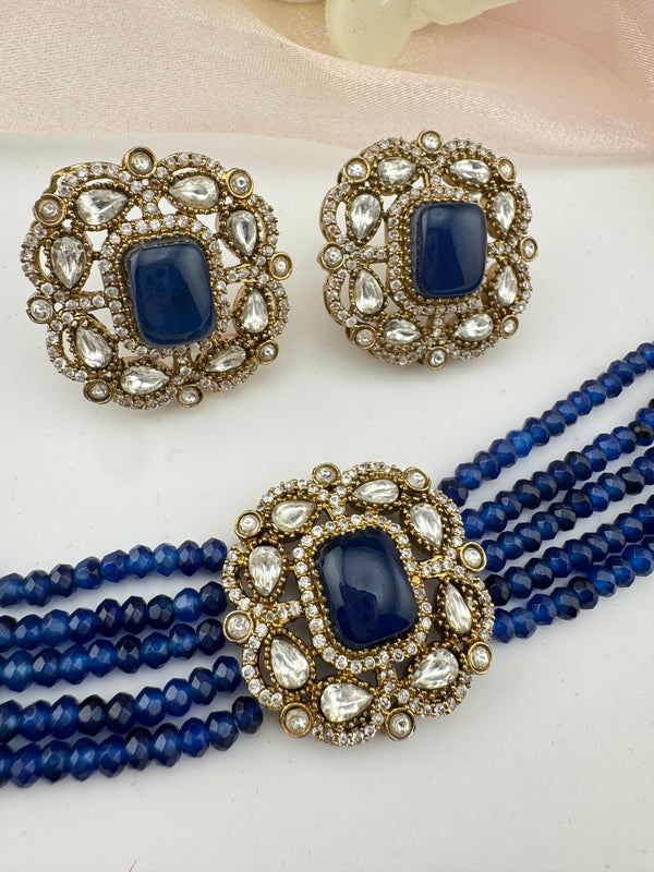 Moissanite Kundan, Hydro beads, CZ, Stones Choker necklace set, Indian Bridal Jewelry, chic set