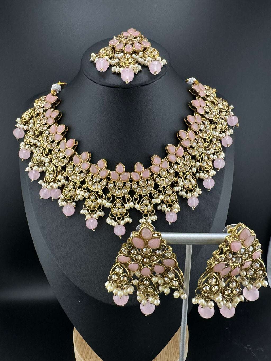 Polki Pink Necklace set with long earring and Tika/ semi-bridal set with Tika
