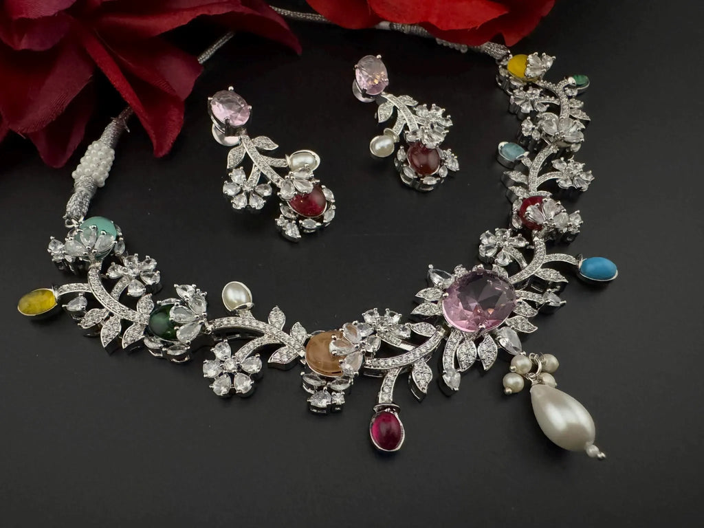 Pink Premium American Diamond, Cubic Zirconia, stones and Pearls Floral Necklace with earrings