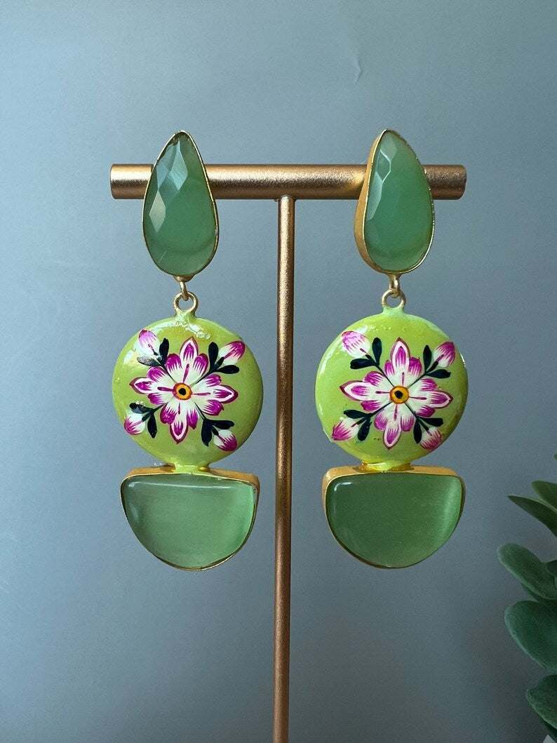 Gold and Light Green earring with Minakari and Monalisa Stone