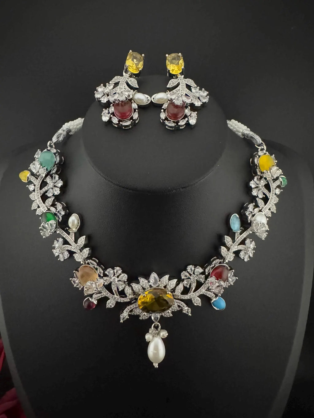 Yellow Premium American Diamond, Cubic Zirconia, Stones and Pearls Floral Necklace with earrings