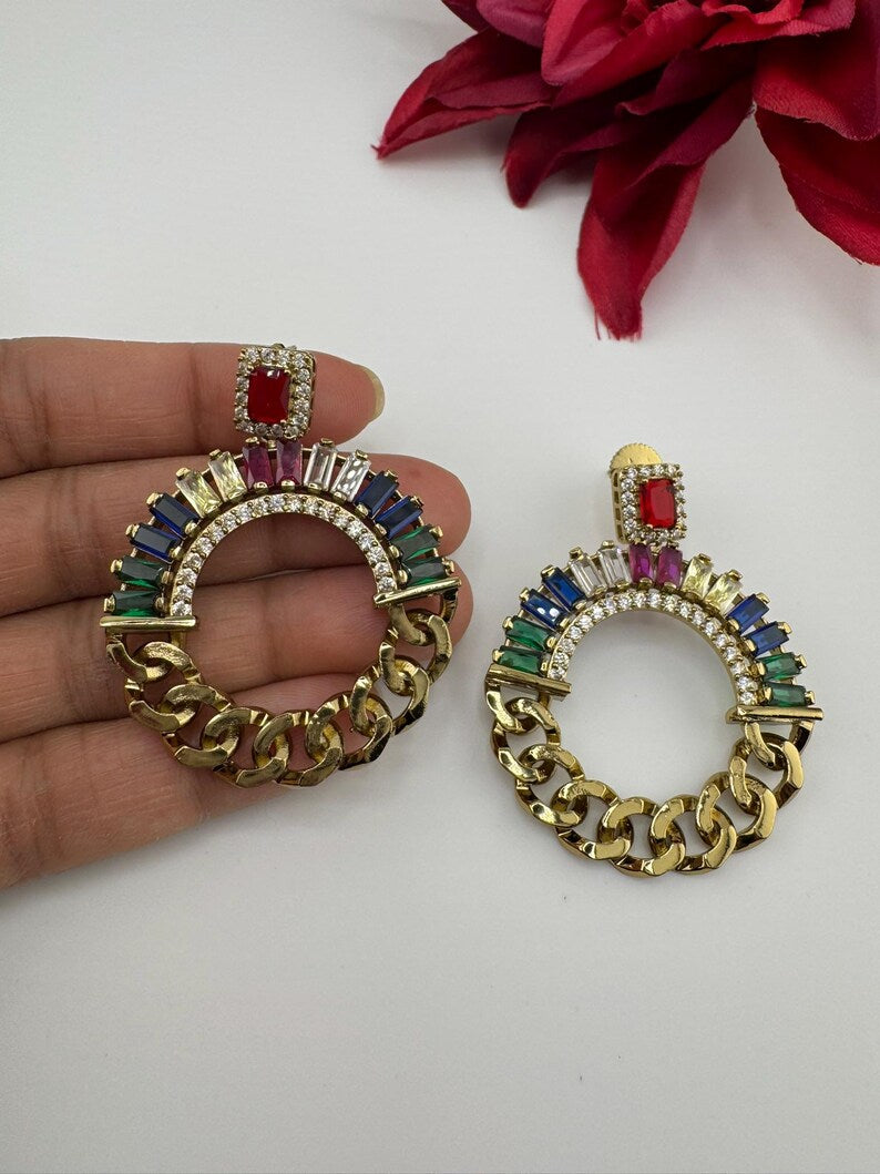 Premium earrings in Gold Chain design, with multicolor glass crystals