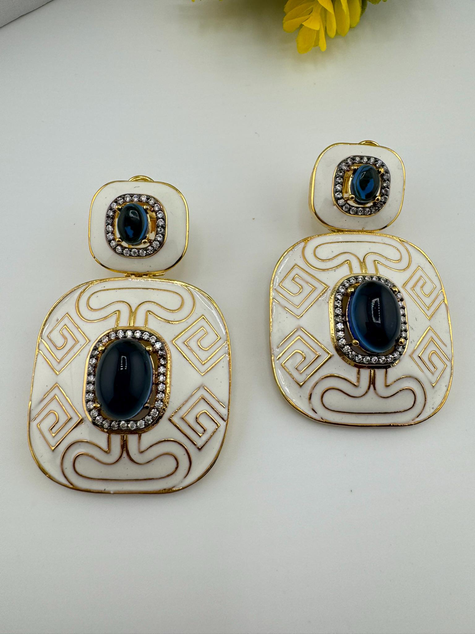 Premium White Enamel with CZ and Blue Stone and gold detailed designer Dangle earrings