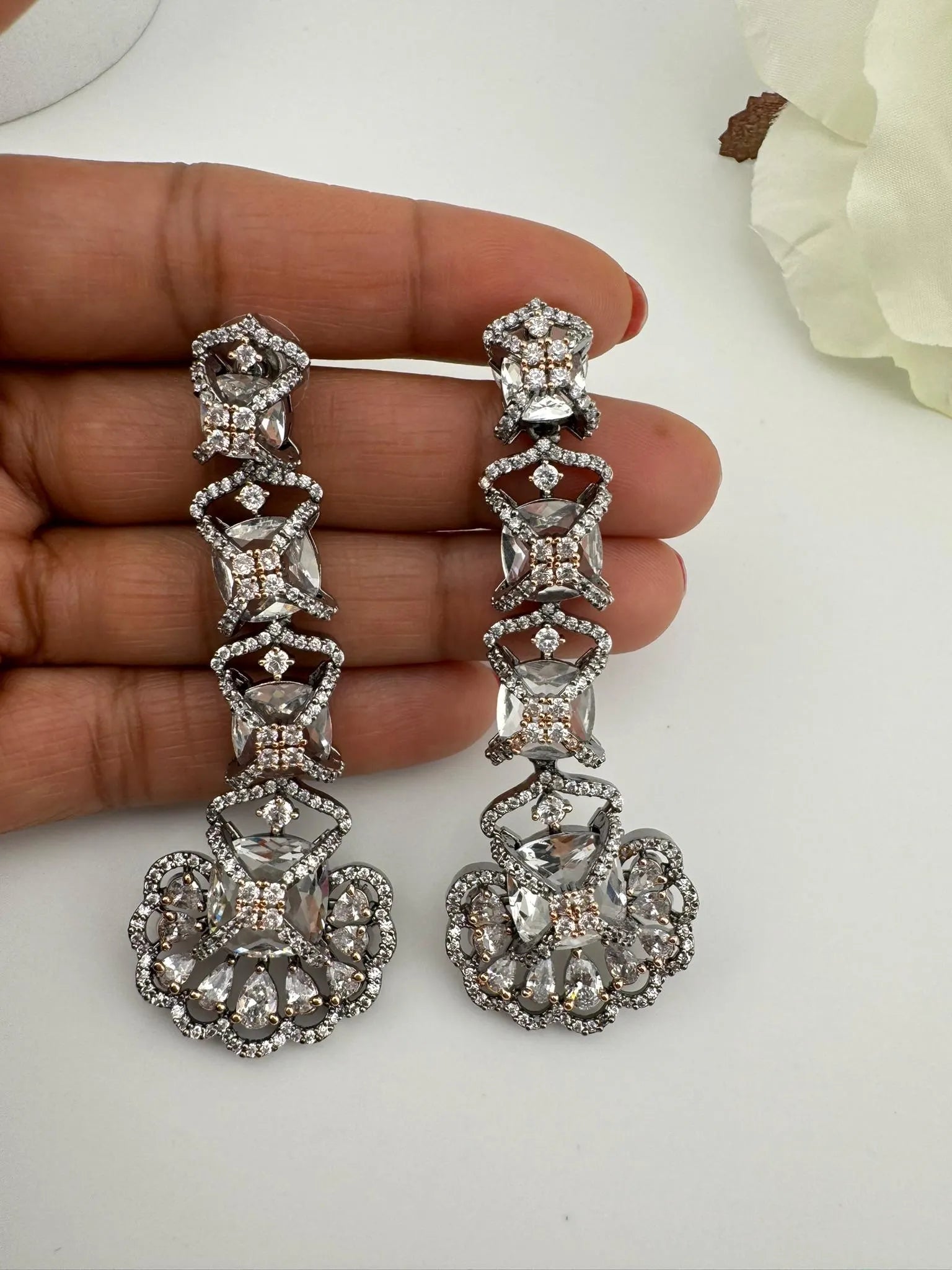 Premium Victorian Rose Gold Nano Setting Cubic Zirconia and Clear stones Long earrings