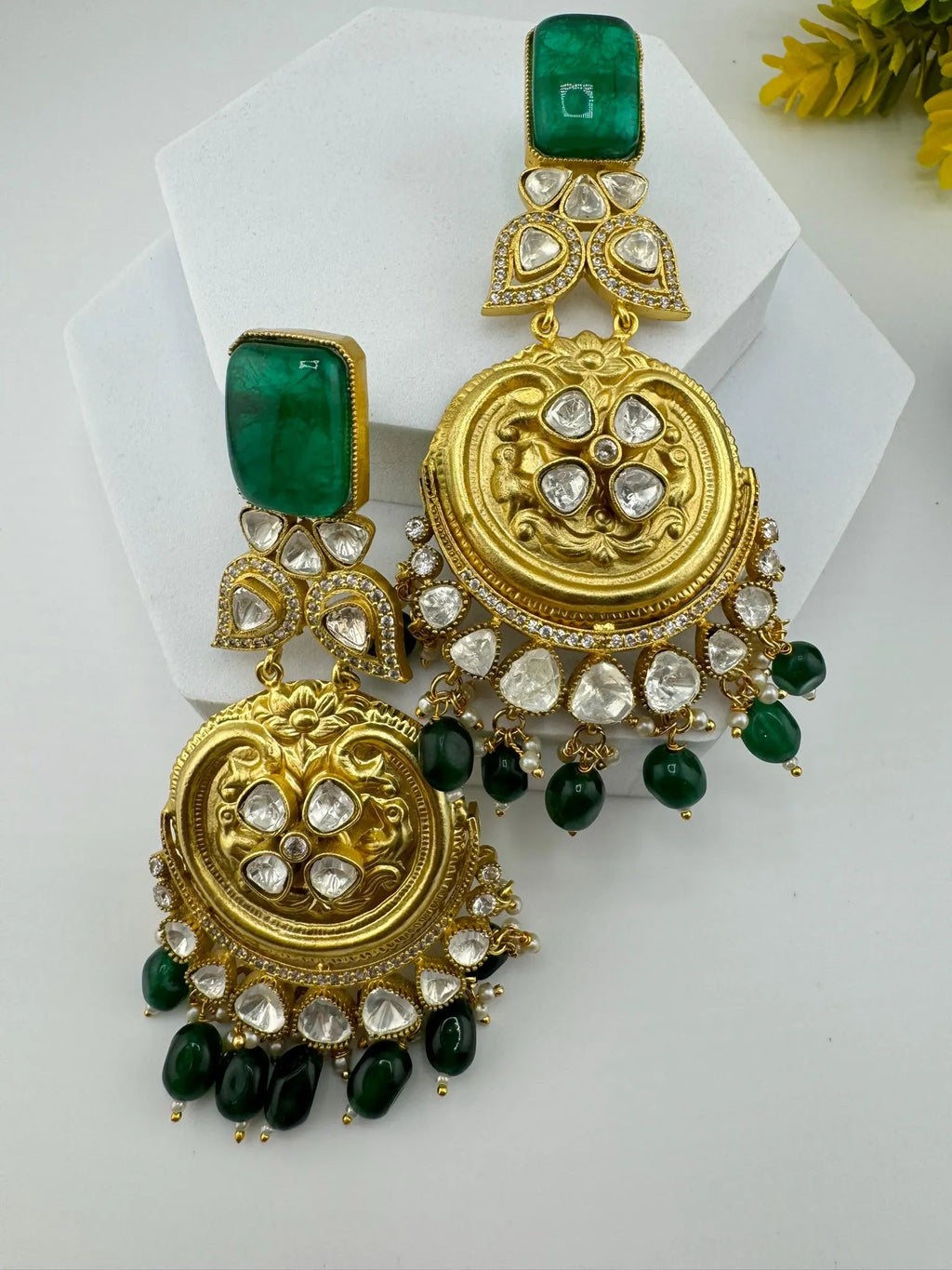 Amrapali Inspired Designer Premium Chandbali with Green stones, Moissanite Kundan and CZ long earrings
