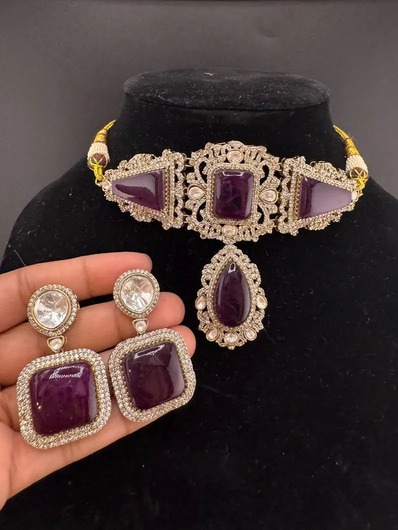Premium Moissanite Kundan, CZ, Doublet stones Designer Choker necklace