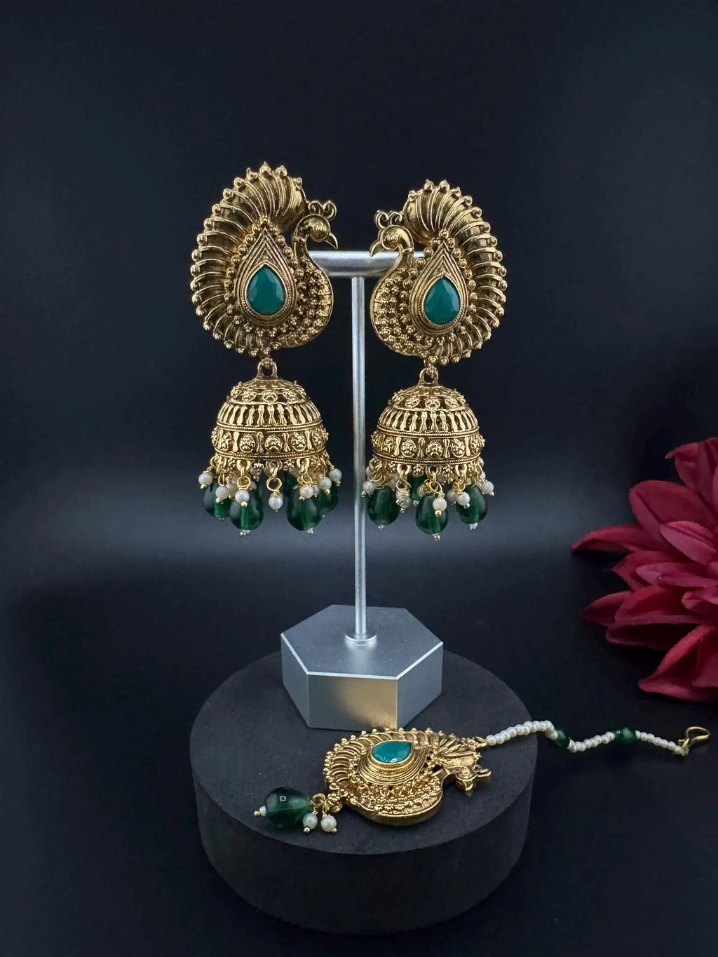 Amrapali inspired Premium Green stones and pearls jhumka, Matt Gold designer earrings