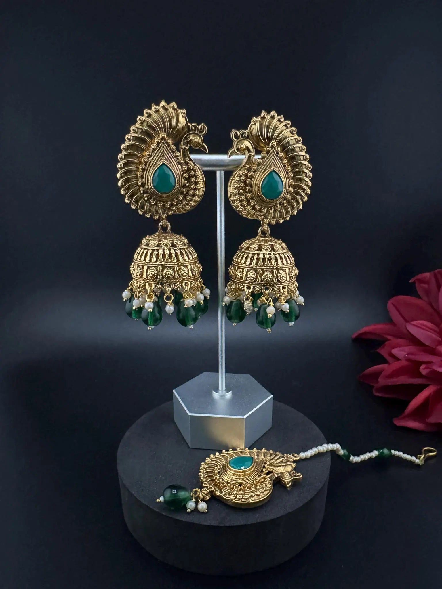 Amrapali inspired Premium Green stones and pearls jhumka, Matt Gold designer earrings