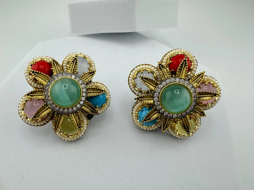 Sabyasachi inspired Premium designer Stud Earrings in Multicolor Natural stone, CZ and pearls