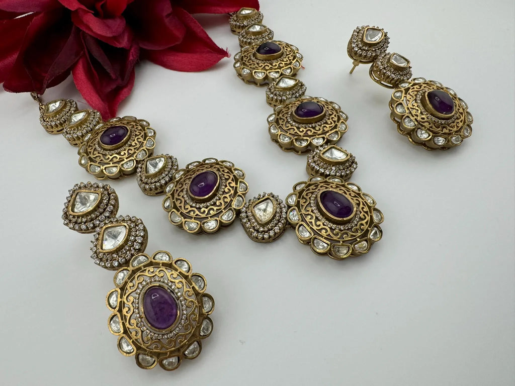Amrapali inspired Premium fusion Necklace set in Moissanite, uncut Kundan, CZ and Doublet stones in matt gold finish with earrings