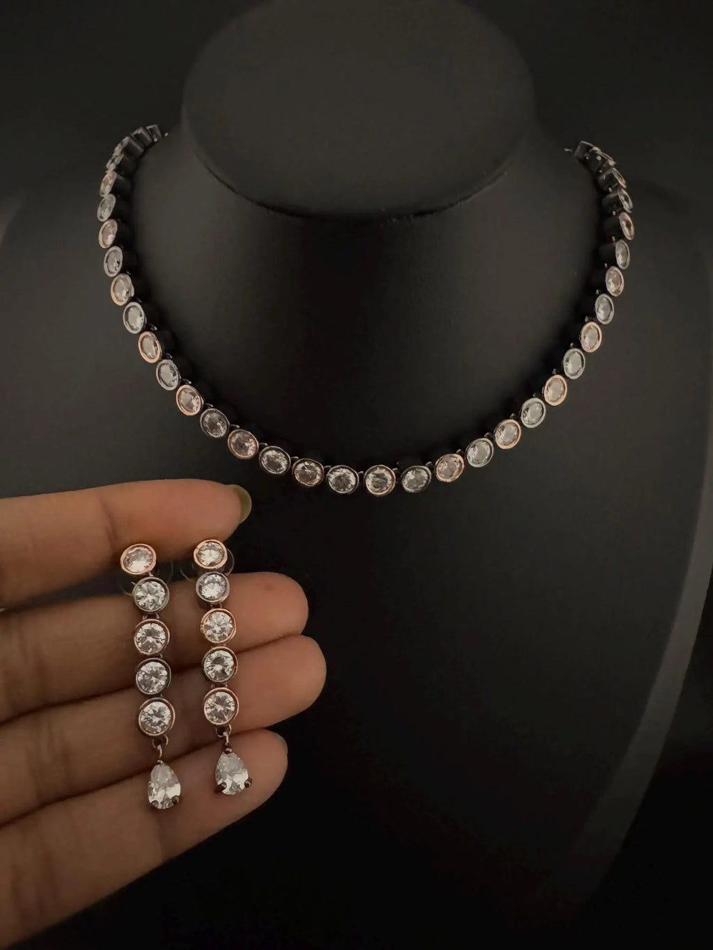 Premium American Diamond, Cubic Zirconia High Shine Sleek Necklace set with long earrings