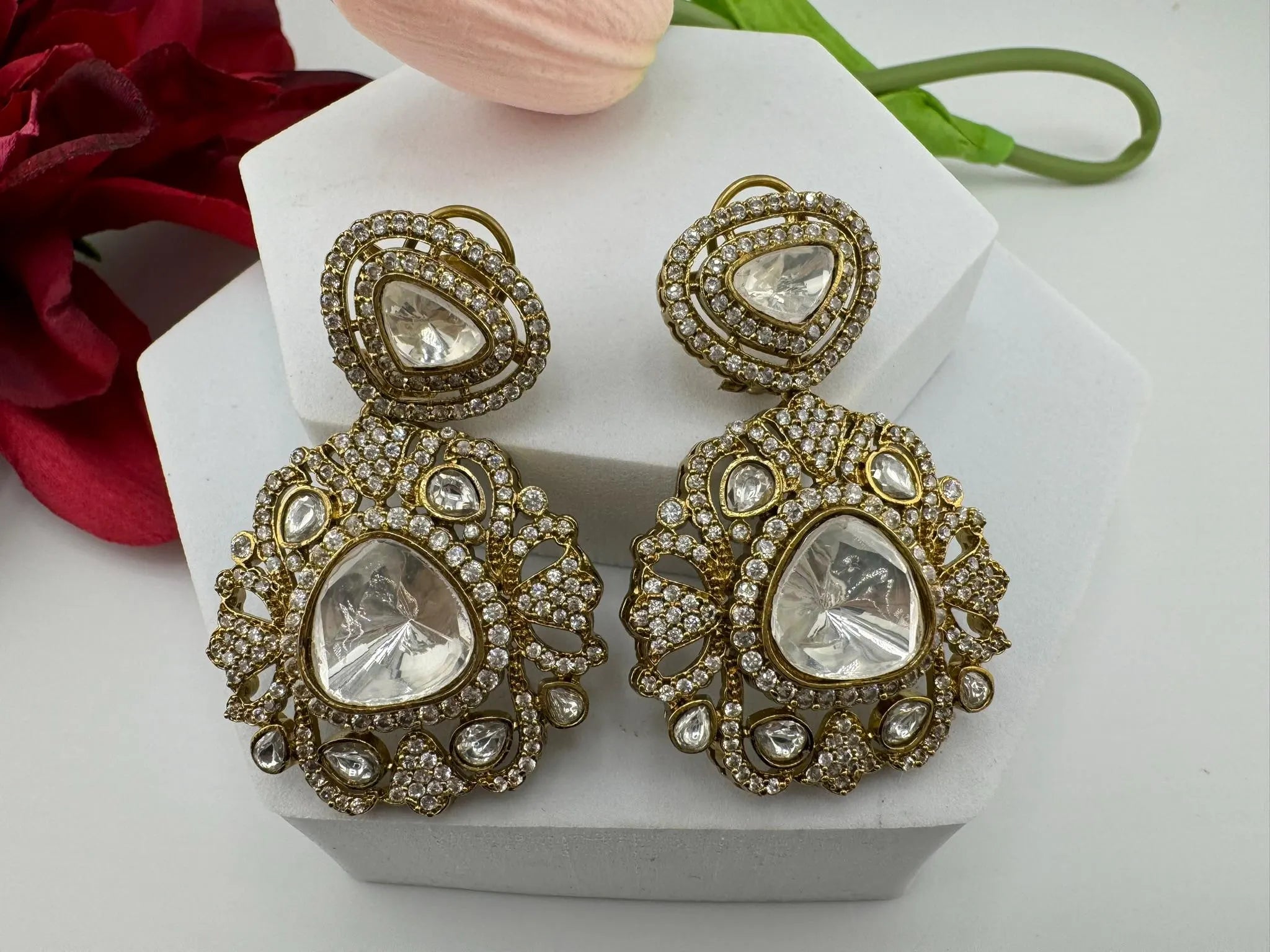 Premium Designer Moissanite Uncut Kundan and details of CZ Dangle earrings