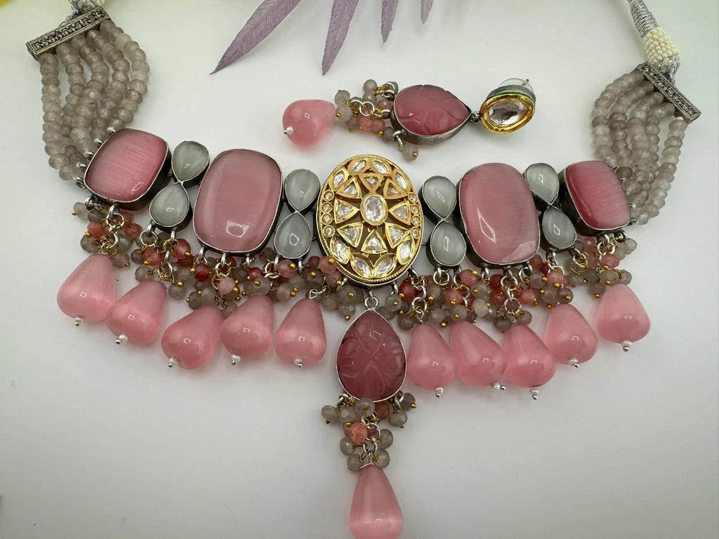 Premium fusion Choker Necklace set with HQ Moissanite kundan, onyx beads and carved stone