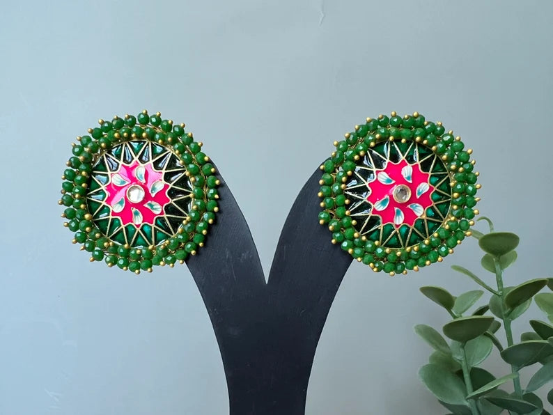 Big Stud Earrings with Green beads and Minakari