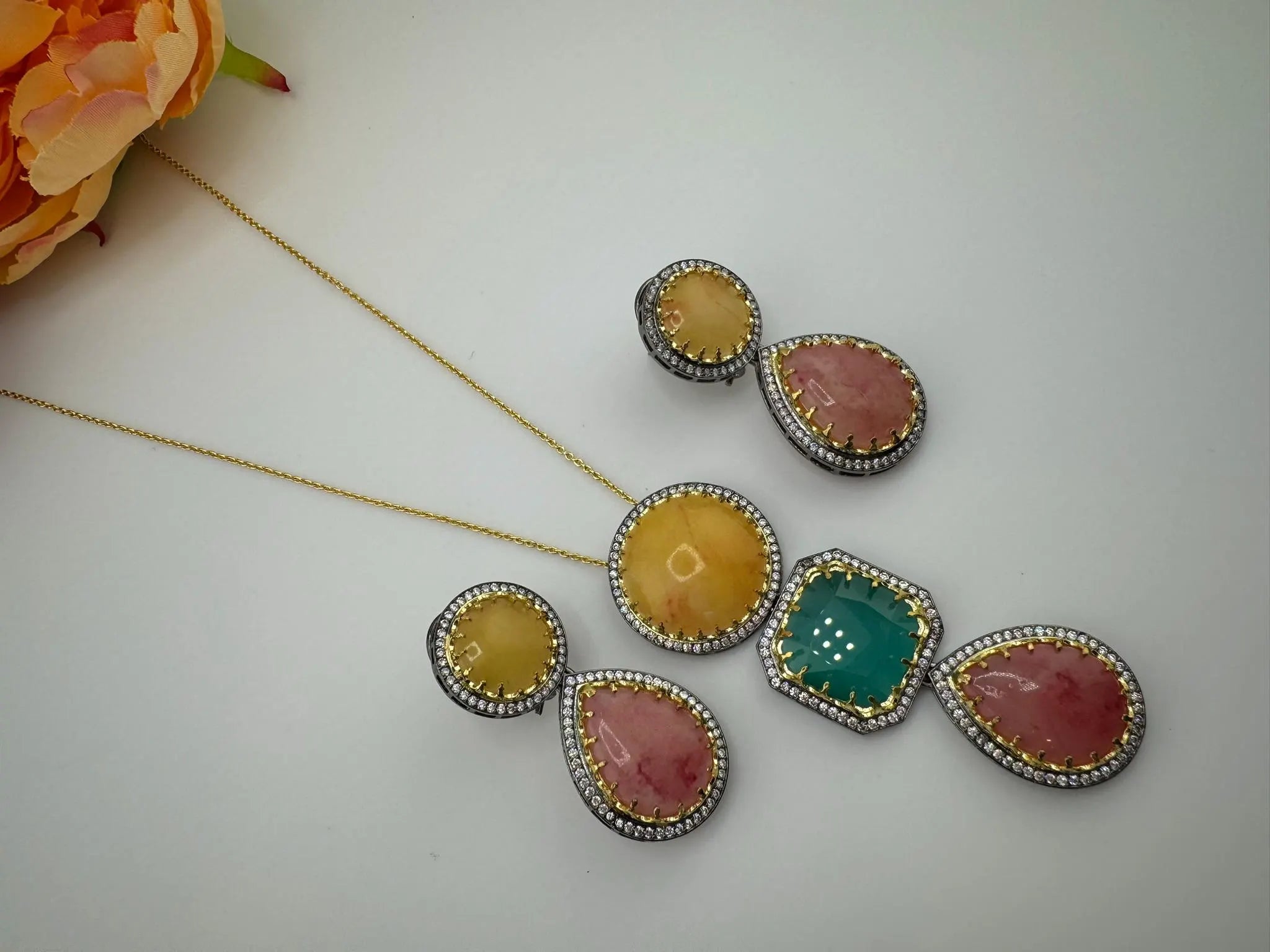 Sabyasachi Inspired Premium doublet stone, CZ, natural stones Pendant set with long earrings