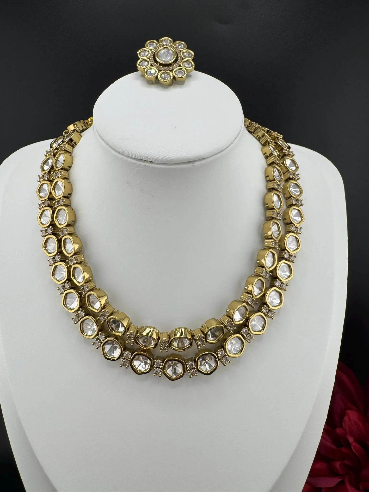 HOT SELLER!!! Premium Quality Moissanite Kundan 2 Layer set is Tyaani inspired Designer Necklace set with Stud earrings