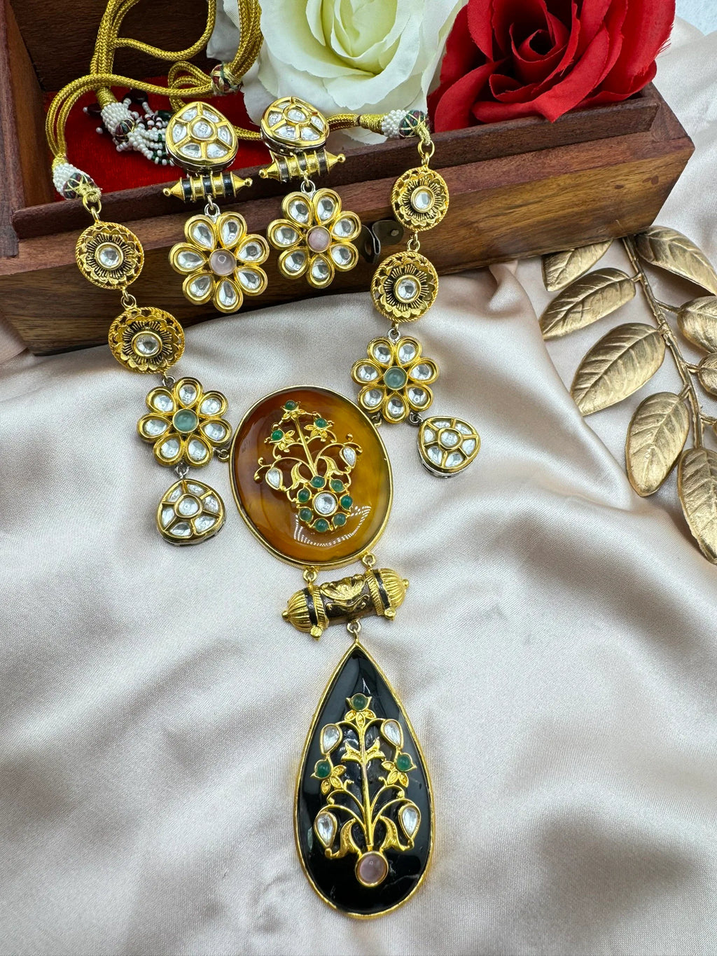 Amrapali Inspired Premium Necklace set, fusion Inlay work with Moissanite Kundan and natural stones