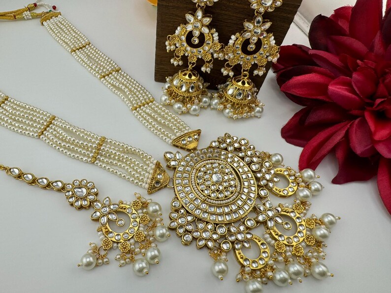 Kundan Bridal Long Necklace Set with Jhumka and Tikka