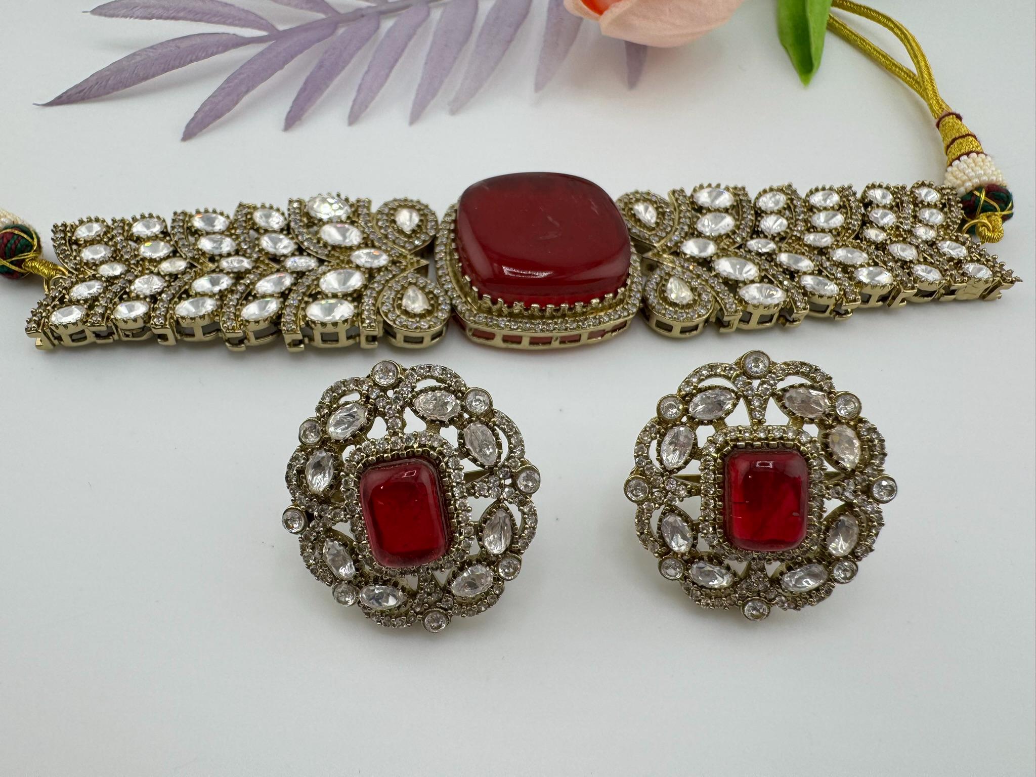 Dark Red Premium Quality Moissanite Kundan, CZ, Doublet stones is Designer Choker necklace set with Big Stud earrings