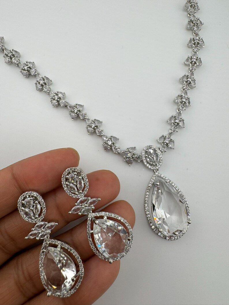 Crystal Stones and American Diamond, Cubic Zirconia Necklace set with earrings