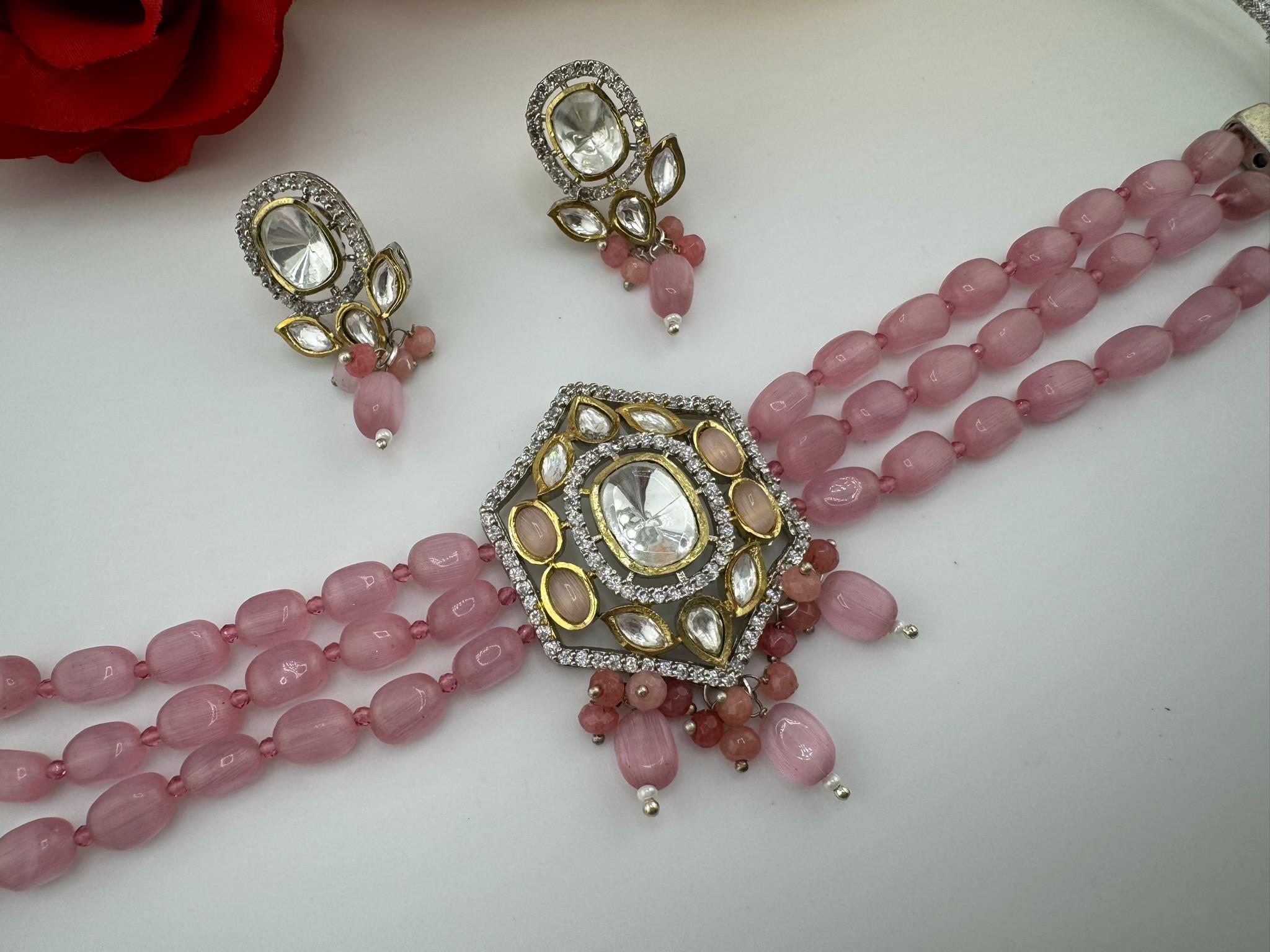 Tyaani Inspired Premium Fusion necklace with HQ Kundan, onyx beads and natural stones