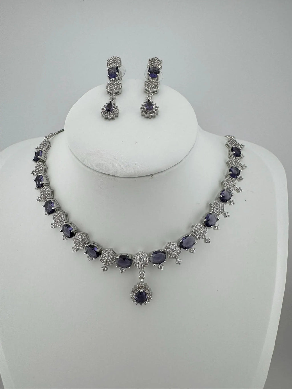 Premium Silver Polish American Diamond, Cubic Zirconia, glass stone Sleek Necklace set with long earrings