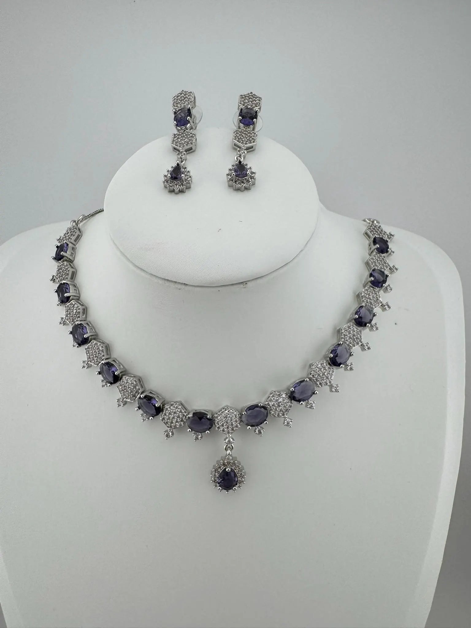 Premium Silver Polish American Diamond, Cubic Zirconia, glass stone Sleek Necklace set with long earrings