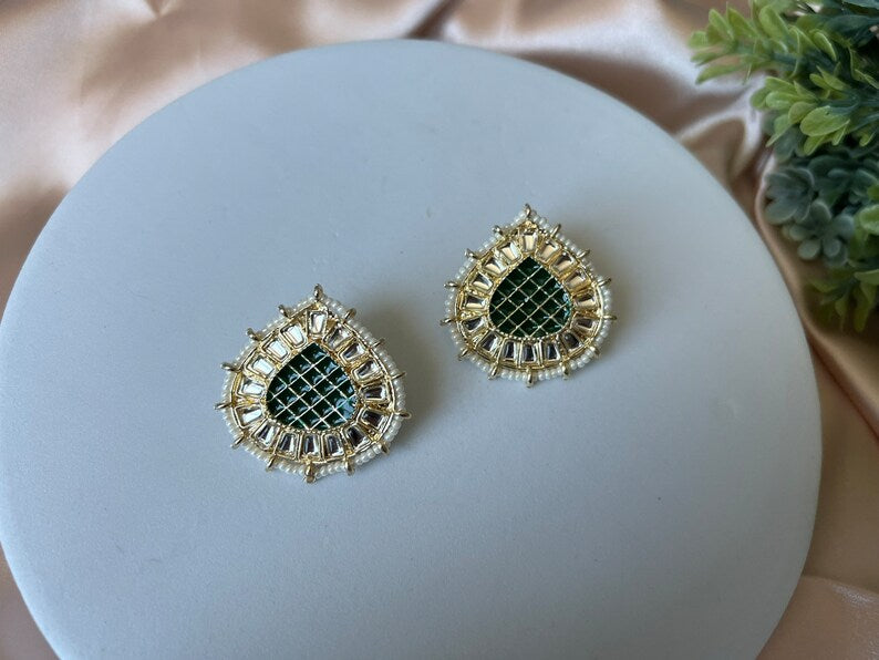 Green Gold Minakari Pearls and kundan Studs earrings